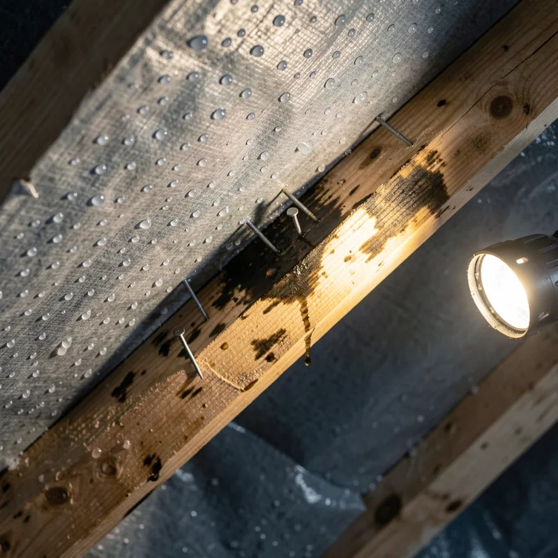 Combles perdus au petit matin, gouttelettes de condensation perlant sur la face intérieure d&rsquo;un écran de sous-toiture et sur des pointes de clous