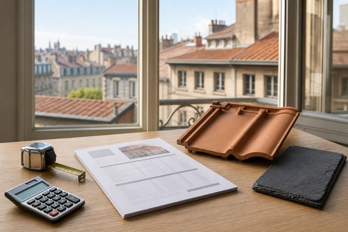 Devis de travaux de couverture et échantillons de tuiles posés sur une table près d&rsquo;une fenêtre donnant sur les toits d&rsquo;un immeuble lyonnais