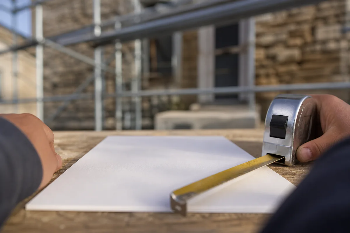 Échafaudage installé sur la façade d&rsquo;une maison ancienne en rénovation, documents de devis et mètre ruban posés au premier plan, lumière du matin