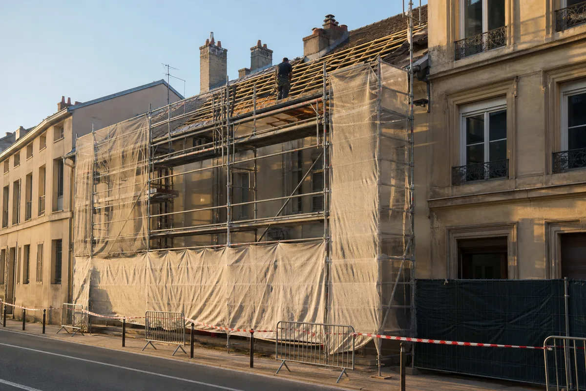 Échafaudage métallique dressé le long de la façade d&rsquo;un immeuble ancien pour une réfection de couverture