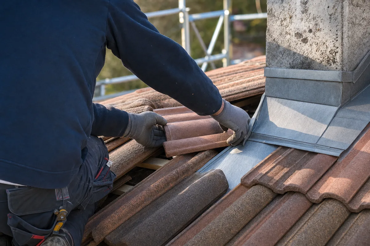 Couvreur de dos replaçant des tuiles déplacées et reprenant un solin de cheminée sur un toit de pavillon