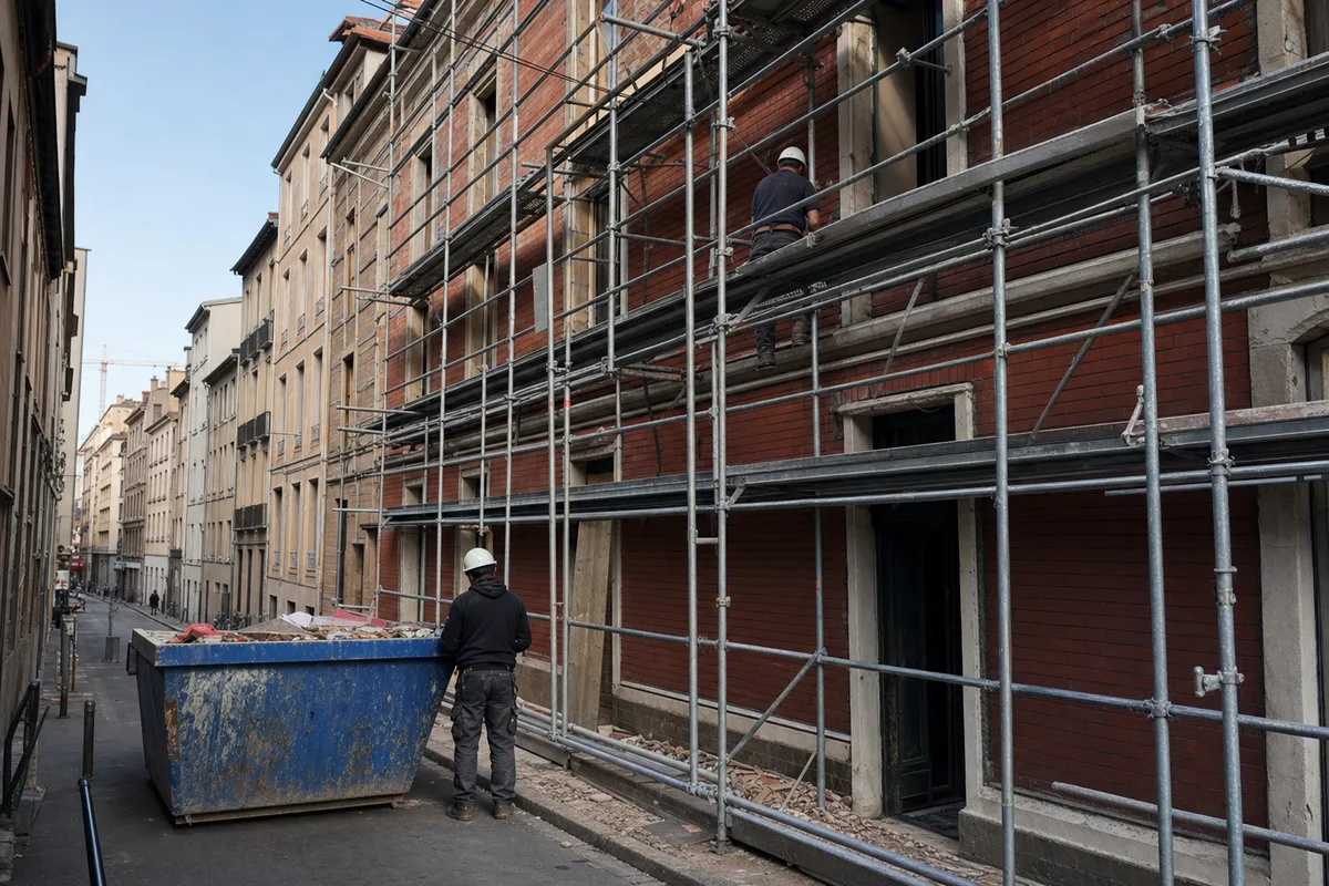 Échafaudage monté sur la façade en brique d&rsquo;un immeuble dans une rue étroite, benne d&rsquo;évacuation au pied du chantier