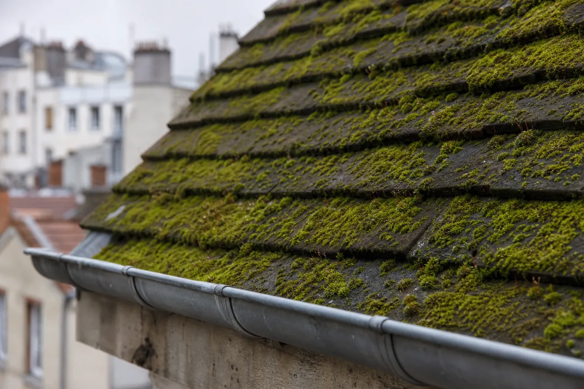 Versant nord d&rsquo;une toiture en tuiles envahi par la mousse sur un immeuble ancien lyonnais