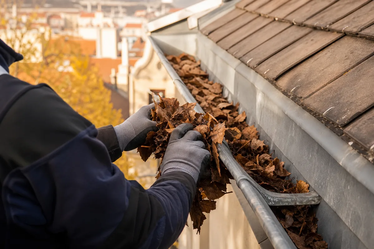Mains gantées nettoyant une gouttière en zinc sur une toiture d&rsquo;immeuble lyonnais en automne