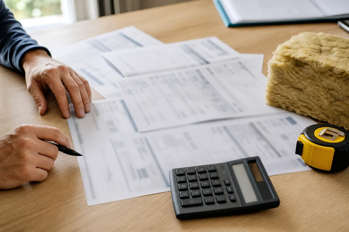 Devis de travaux, calculatrice et mètre ruban posés sur une table de bureau pour comparer un budget d&rsquo;isolation