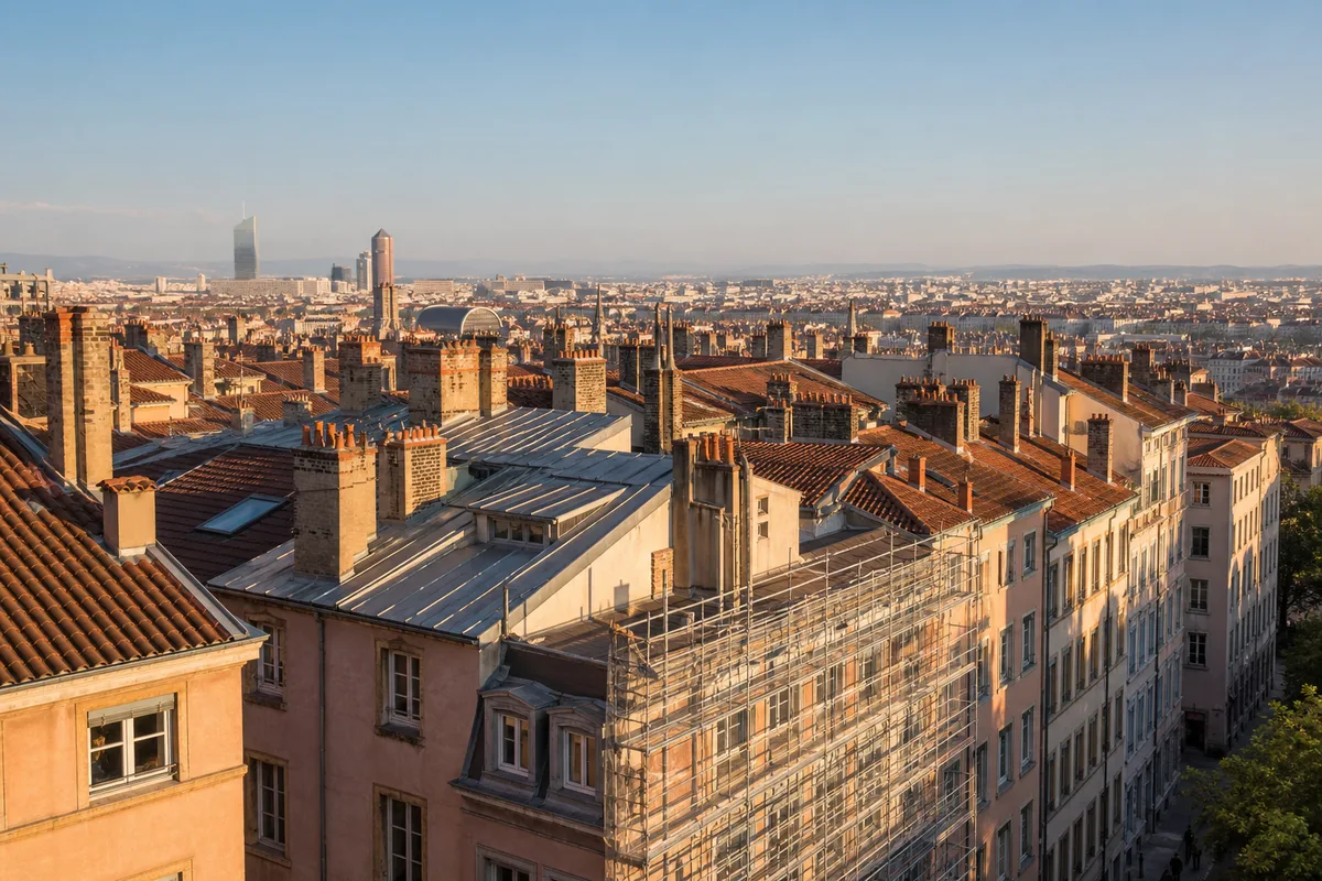 Toitures d’immeubles anciens de la Croix-Rousse avec un échafaudage sur rue, lumière claire de fin de journée