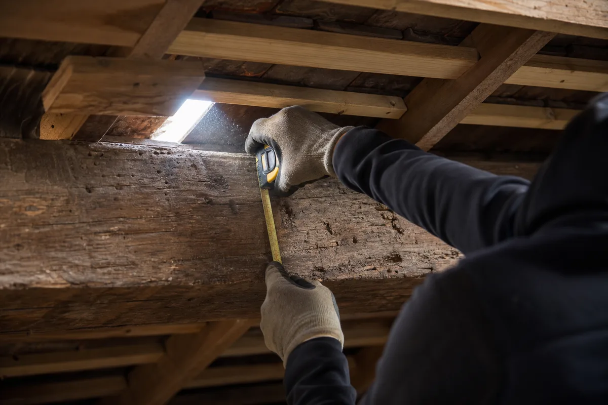 Couvreur inspectant la charpente et les liteaux d&rsquo;une toiture ancienne avant rénovation