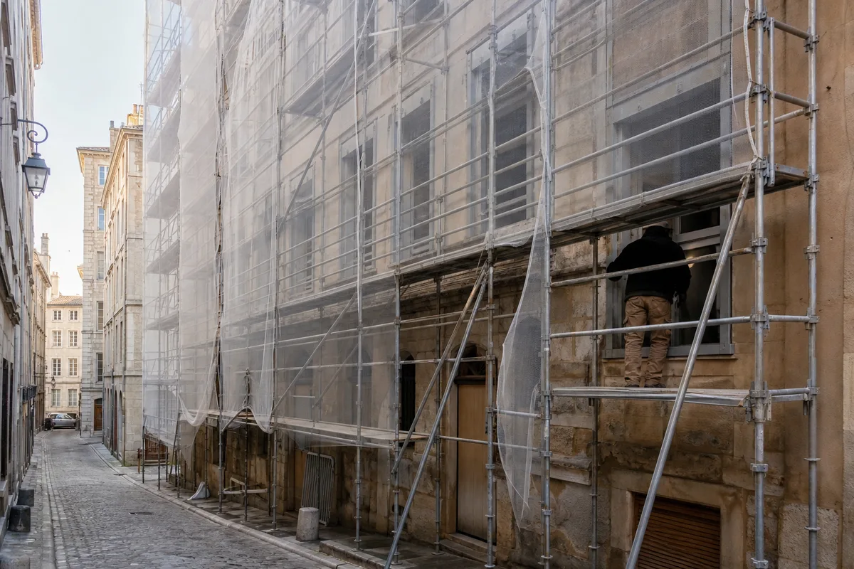 Échafaudage monté sur la façade d&rsquo;un immeuble ancien dans une rue étroite de Lyon