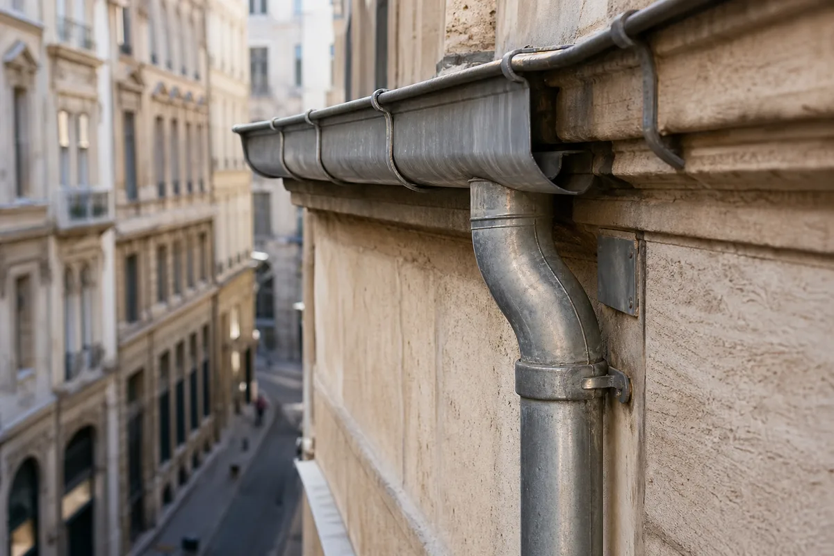 Gouttière en zinc et descente d&rsquo;eau le long de la façade d&rsquo;un immeuble ancien lyonnais