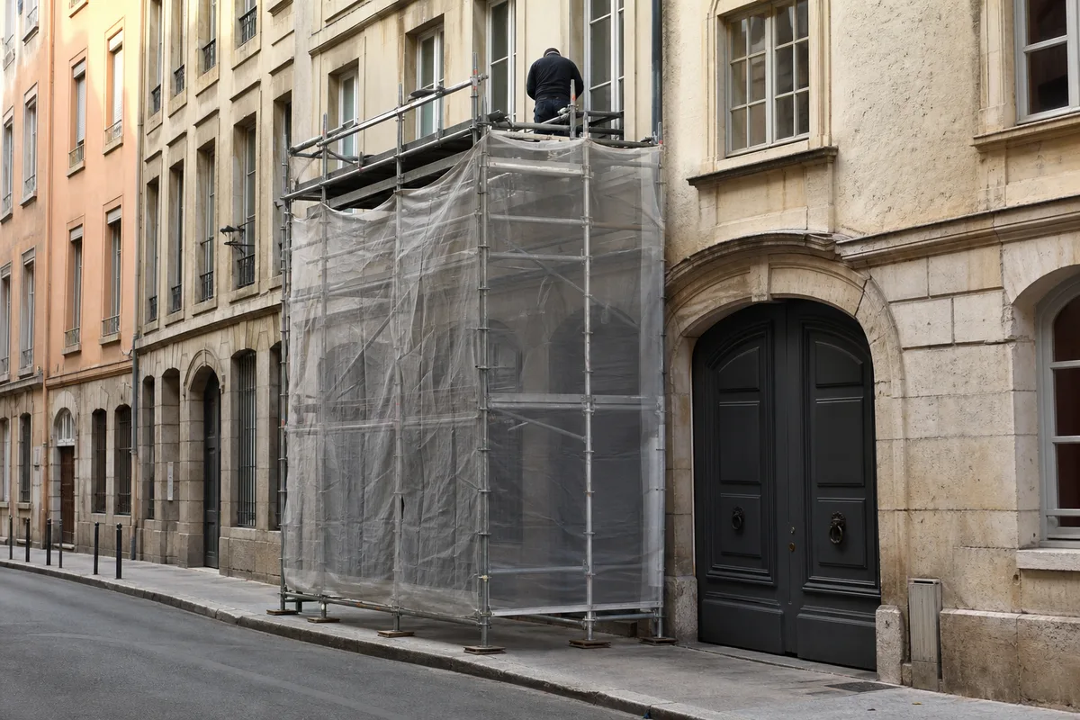 Échafaudage installé sur un trottoir devant un immeuble ancien pour un chantier de couverture en zinc